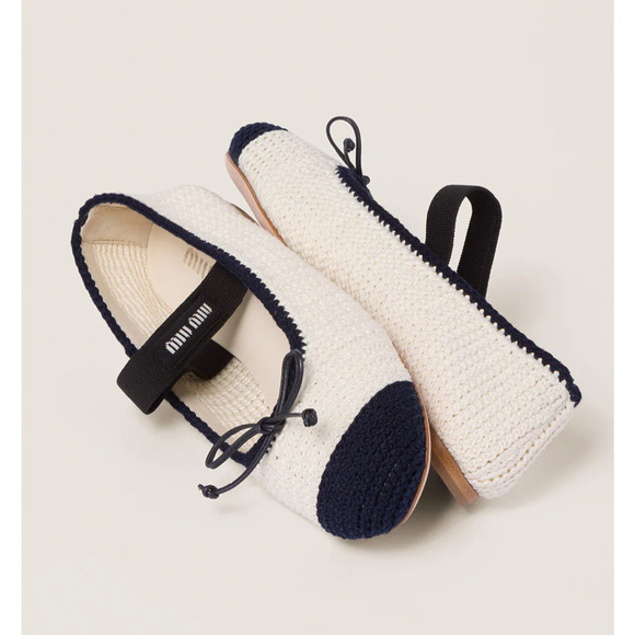 Miu Miu Crochet Knit Black White Bicolor Logo Strap Ballet Ballerina Flats 42 - Picture 10 of 16